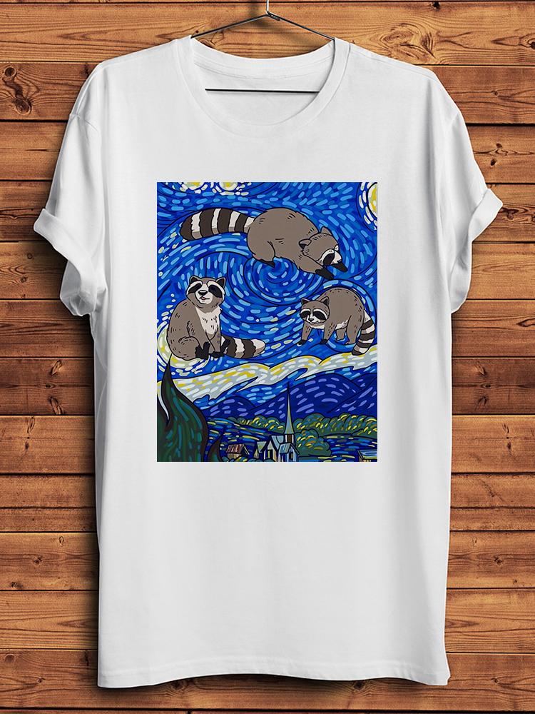 Raccoon Starry Night Racoon Van Gogh Funny Artistic Tshirt Unisex White Casual Short T Shirt Homme Unisex Streetwear Tee S
