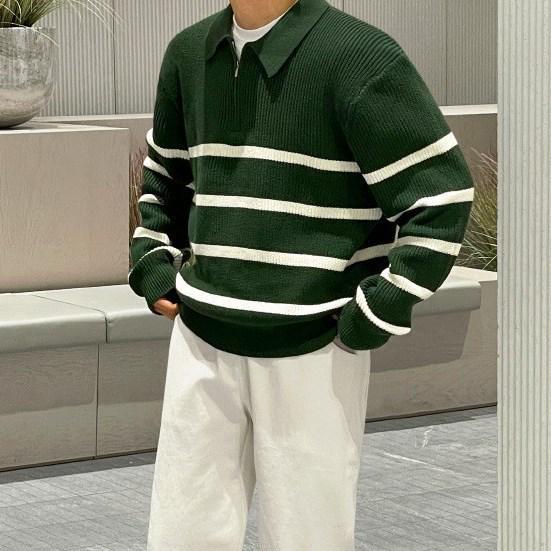 Men's Striped Half-Zip Sweater: Autumn/Winter, High-End, Casual, Cool, Thick Knitwear