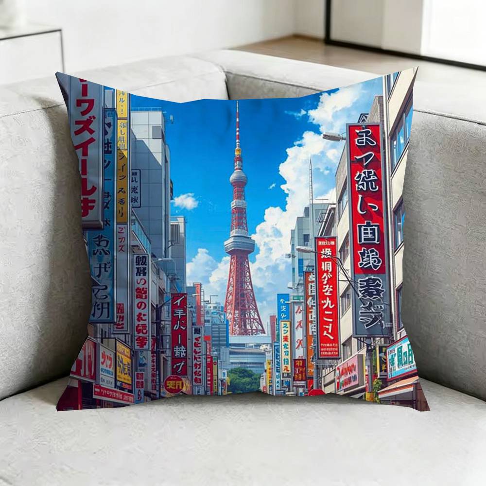 Japanese Town Mount Fuji Square Double-Sided printed Pillow Case Bedroom Bedside Pillow Sofa Cushion Cover Gift