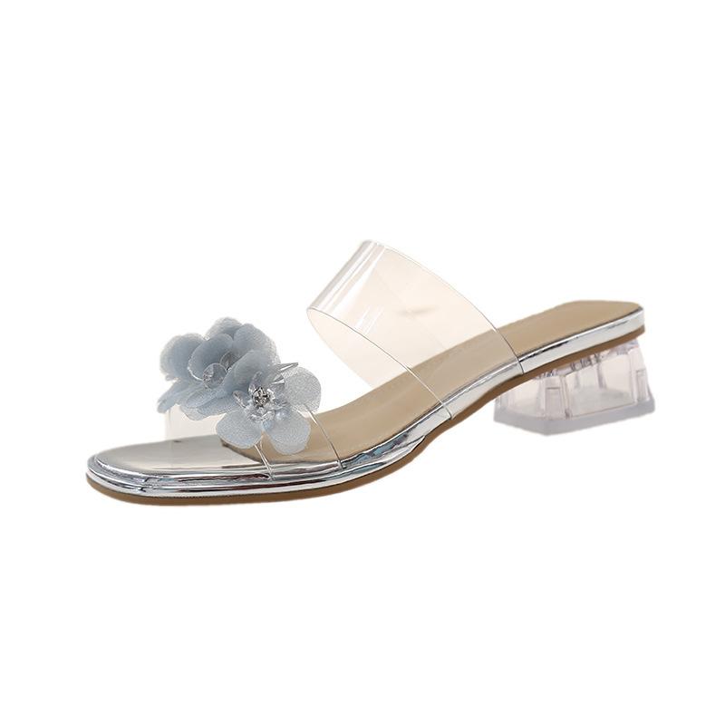 Open-toed transparent flower slippers women's word and a half drag 2025 summer new crystal thick heel with skirt wear sandals