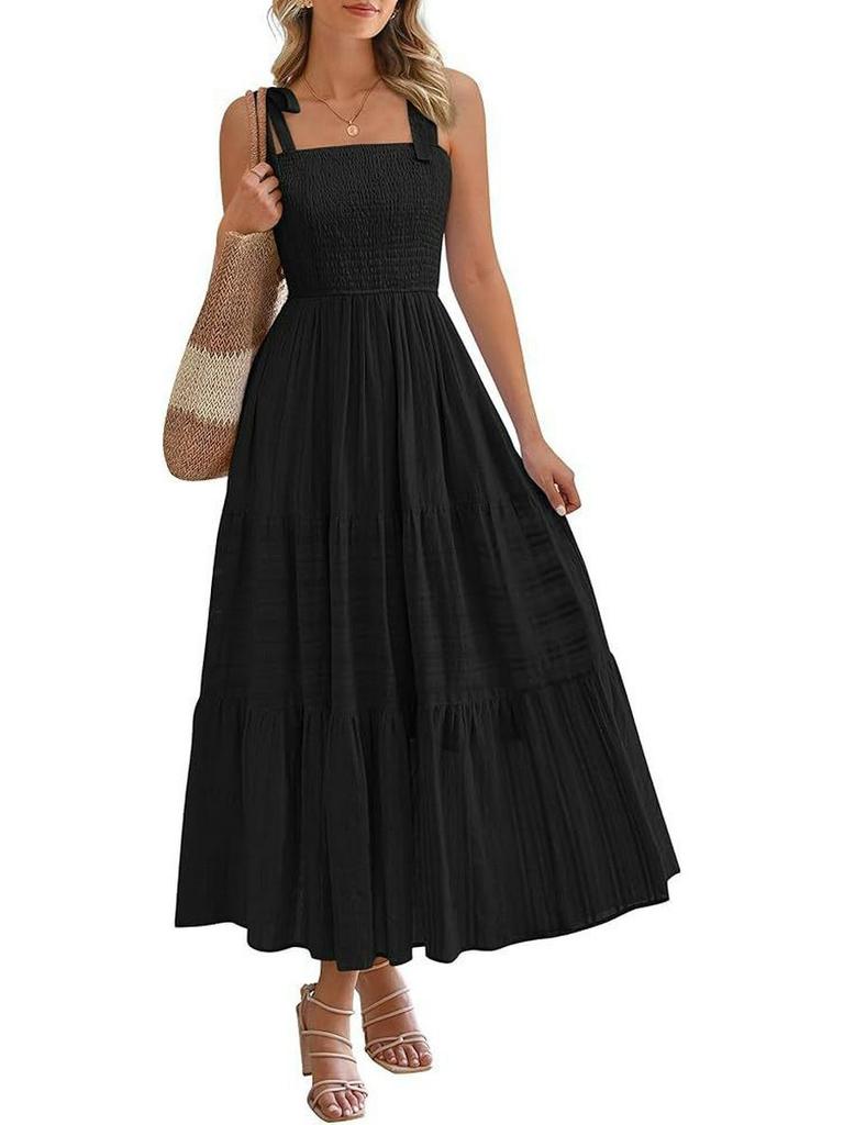 2026 European Summer Beach Pleated A-line Strappy Dress with Pockets