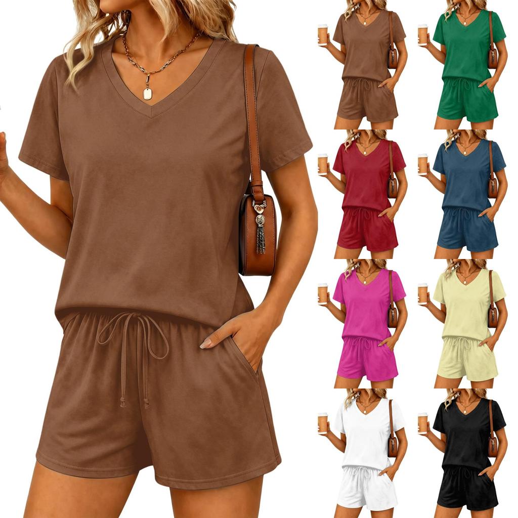 Casual Tweedelige Set voor Dames met V-hals Korte Mouwen Top en Elastische Taille met Trekkoord Shorts Loungeset voor Thuis en Buiten