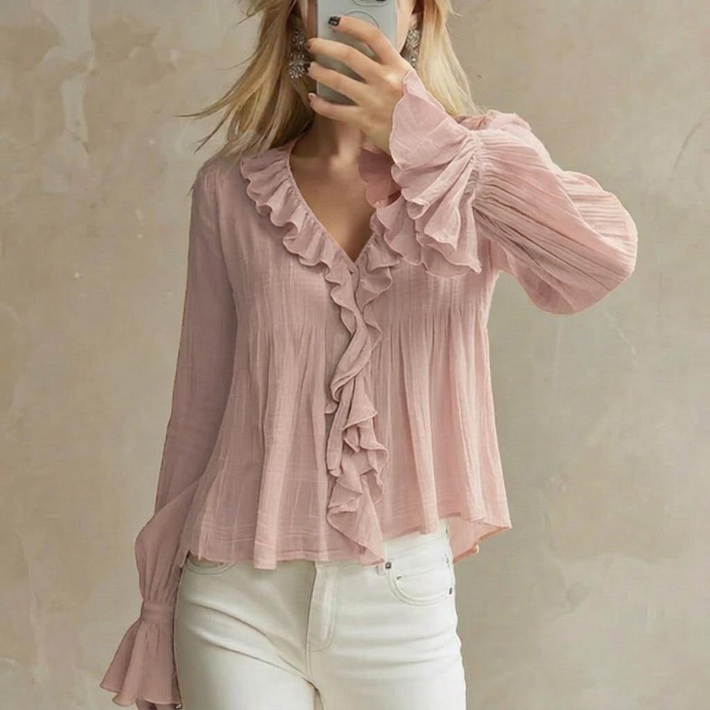 Blusa da Donna Dolce con Volant, Scollo a V, Manica Lunga, Casual, Estiva, Autunnale, Versatile