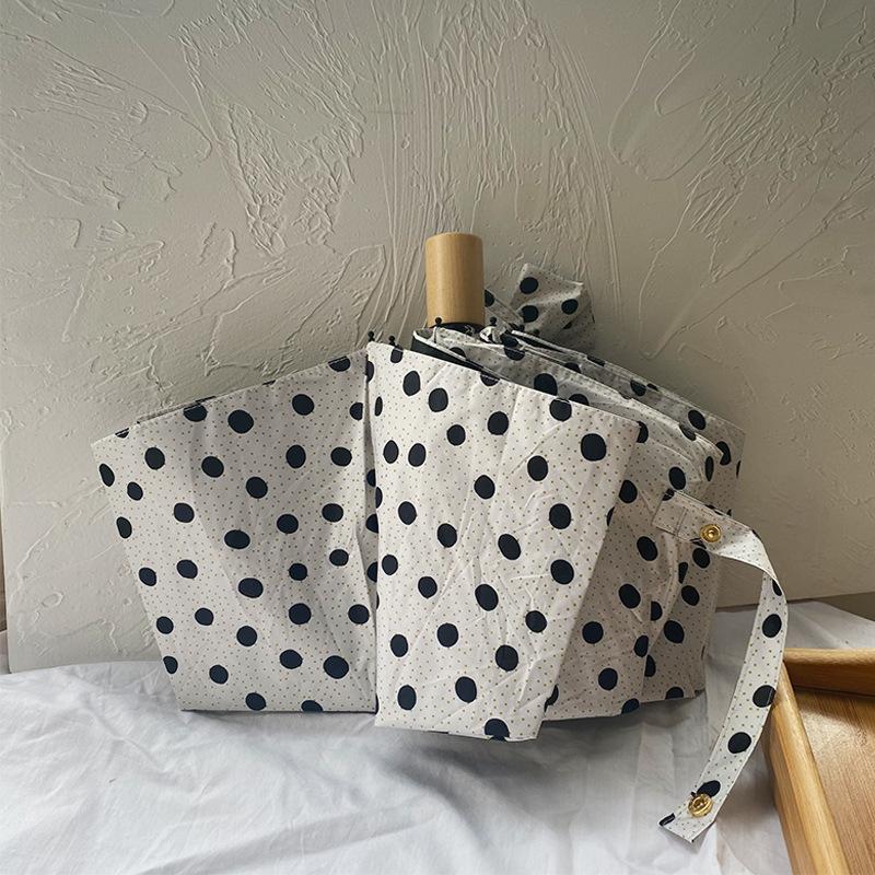 2023 nový polka dot dřevěná rukojeť skládací deštník opalovací krém s ochranou proti UV záření dámský slunečník přenosný kompaktní slunečník