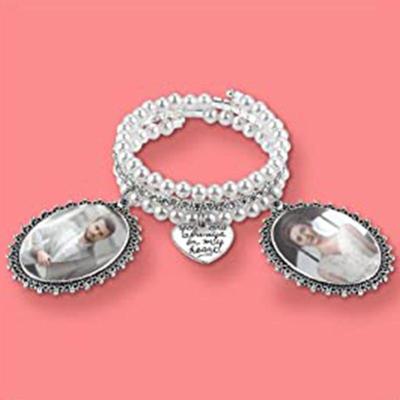 Armreif mit Bouquet-Bildanhänger, ovalem Glas-Cabochon, Hochzeitsfoto-Anhänger, herzförmigem Anhänger und Perle für Brautparty