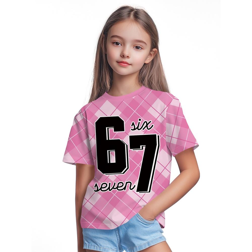 New Fashion Girls Clothing Cute Pink Stripe Star Number "67" 3D Digital Print Specially Designed Short Sleeve Kids Clothes Girls