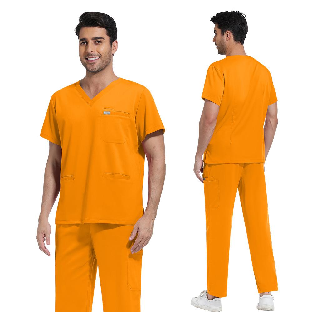 Men's Loose And Comfortable V-neck Short Sleeved Workwear With Tie Up Top And Waist Cinching Beauty Suit Set