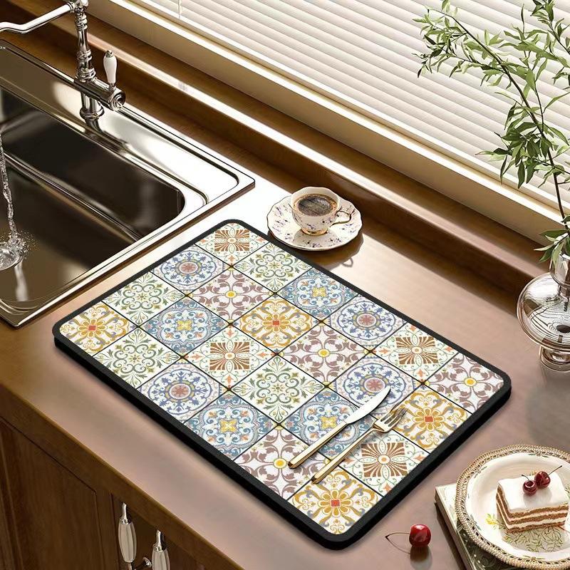 Dish Drying Mat Exquisite Pattern Wear Resistant Absorbent Draining Mat Dining Table