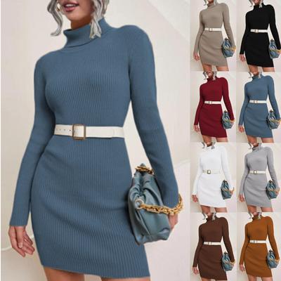 Women Turtleneck Long Sleeve Knit Stretchable Elasticity Slim Sweater Bodycon Sweater Dress