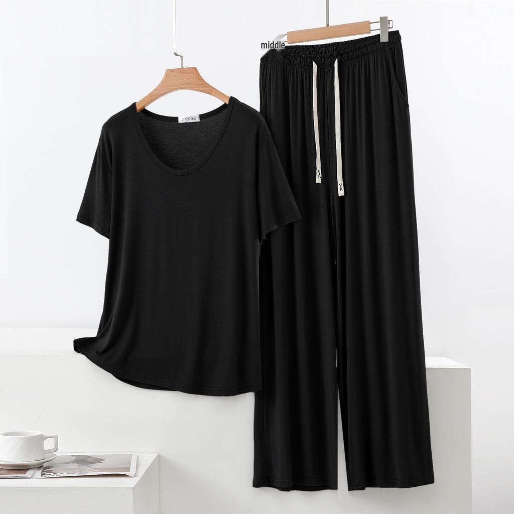Set Pigiama Estivo da Donna in Modal - Manica Corta, Pantaloni Lunghi a Gamba Larga, Taglie Forti, Abbigliamento Casual e da Esterno