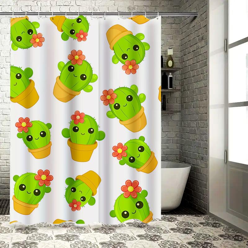 Adorable Cactus Decor Shower Curtain for Bathroom Green Succulent Pattern with Flower Pot Design for Kids Room or Living Space D