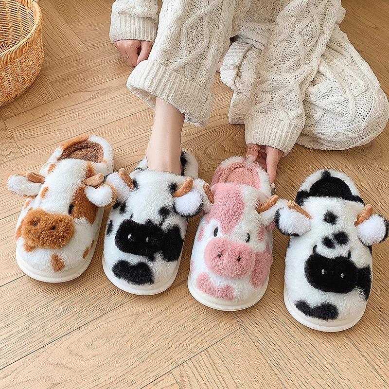 Fashion Dairy Cattlel Designer Slippers Fluffy Woman Indoors Cotton Slippers Keep Warm Home Platform Footwear Men's Slippers