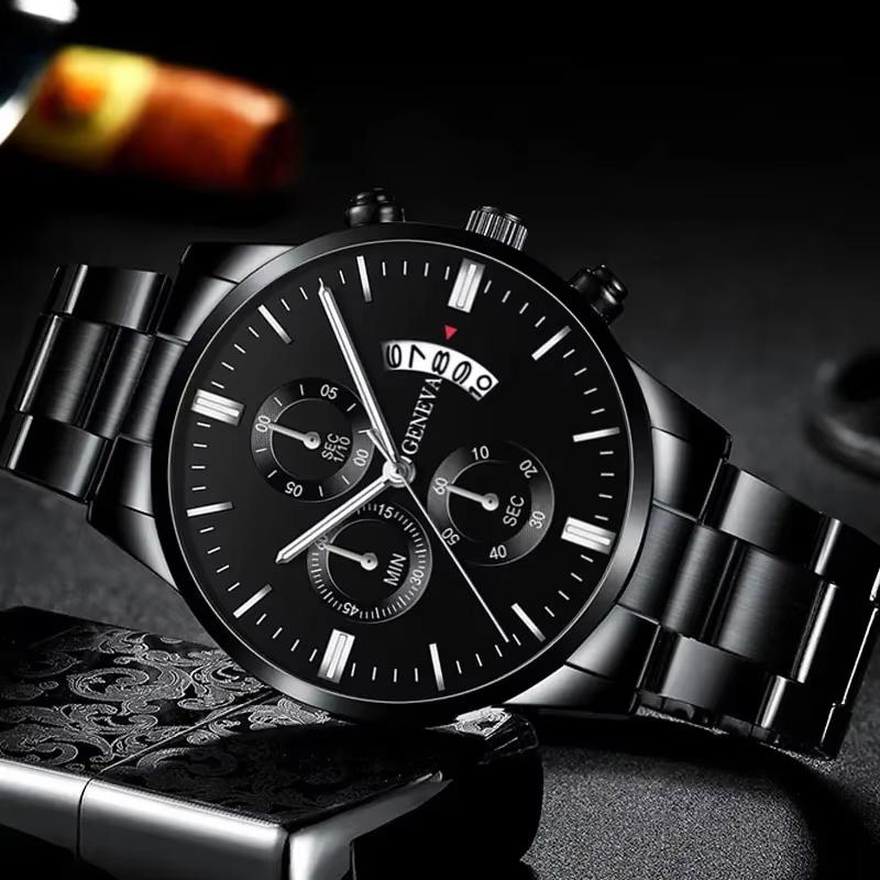 3PCS Men's Watch Set Business Trend Classic Round Dial Quartz Watch Bracelet Necklace Set Perfect Gift for Friends or Dad