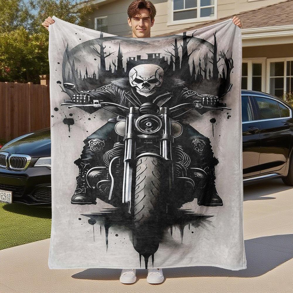 1pc Skull Biker Outdoor Flannel Blanket Soft Warm All-Season Throw for Sofa Bed Car Camping Office, Cozy Gift Idea1211S