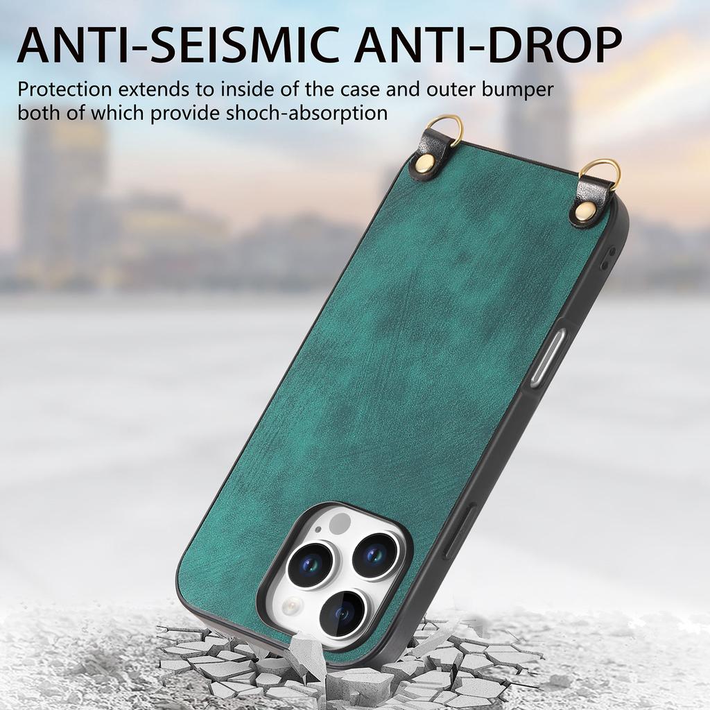 For iPhone 16 Pro Max Case Retro Texture Leather Coated PC+TPU Phone Cover with Hanging Rope