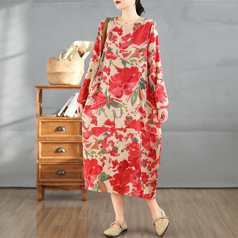 Early Spring Vintage Round Neck Long Sleeved Patchwork Artistic Loose Fit Plus Mid Length Dress