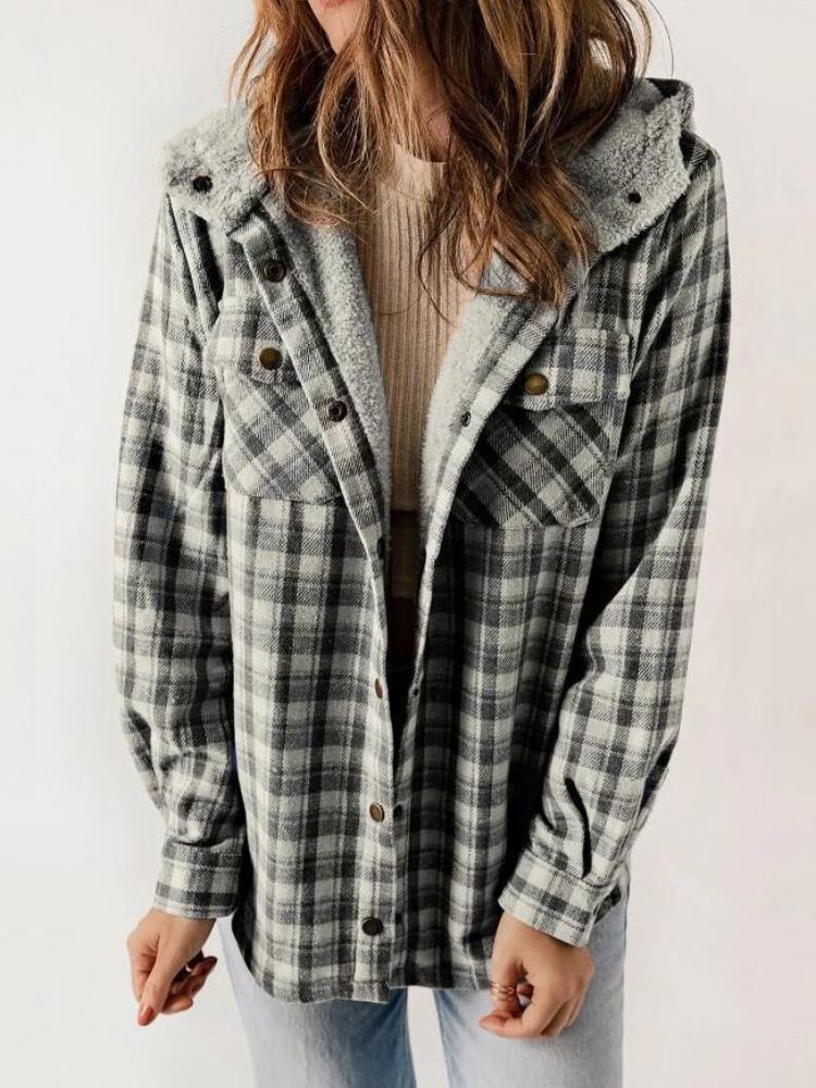 

Women s Blue White Plaid Shirt Jacket with Pink Faux Fur Collar S
