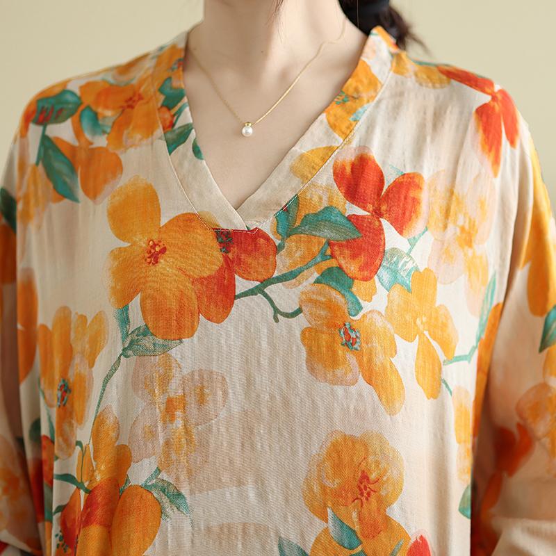 DIMANAF 2025 Women Plus Size Spring Long Dress Loose V-Neck Printing Vintage Casual Floral Oversize Long Sleeve 5050