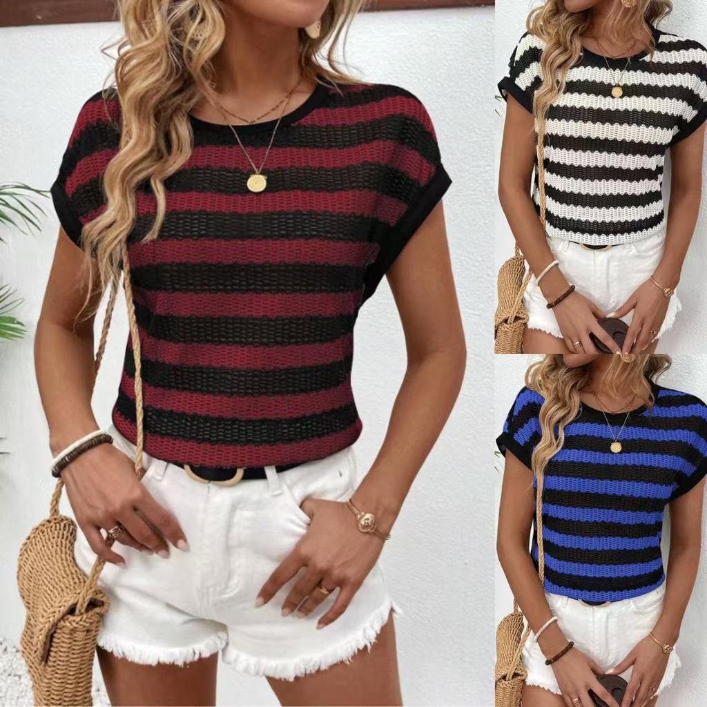 Ladies Summer Short Sleeve O Neck Mesh Striped Pullover T Shirt Top