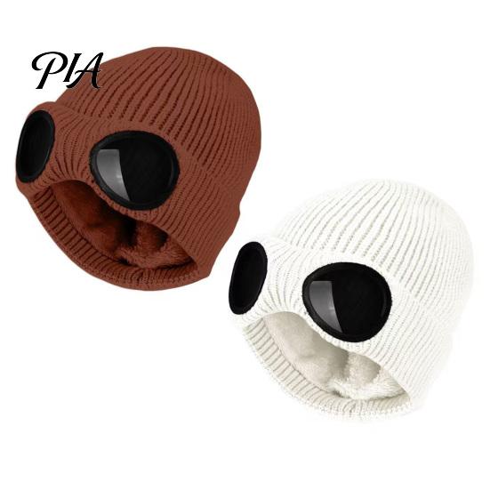 Warm Hat for Most Head Sizes 2Pcs Fleece Lined Hats with Goggles, Winter Knit Casual Accessory Outdoor Activities Hats, Windproof Skiing Caps