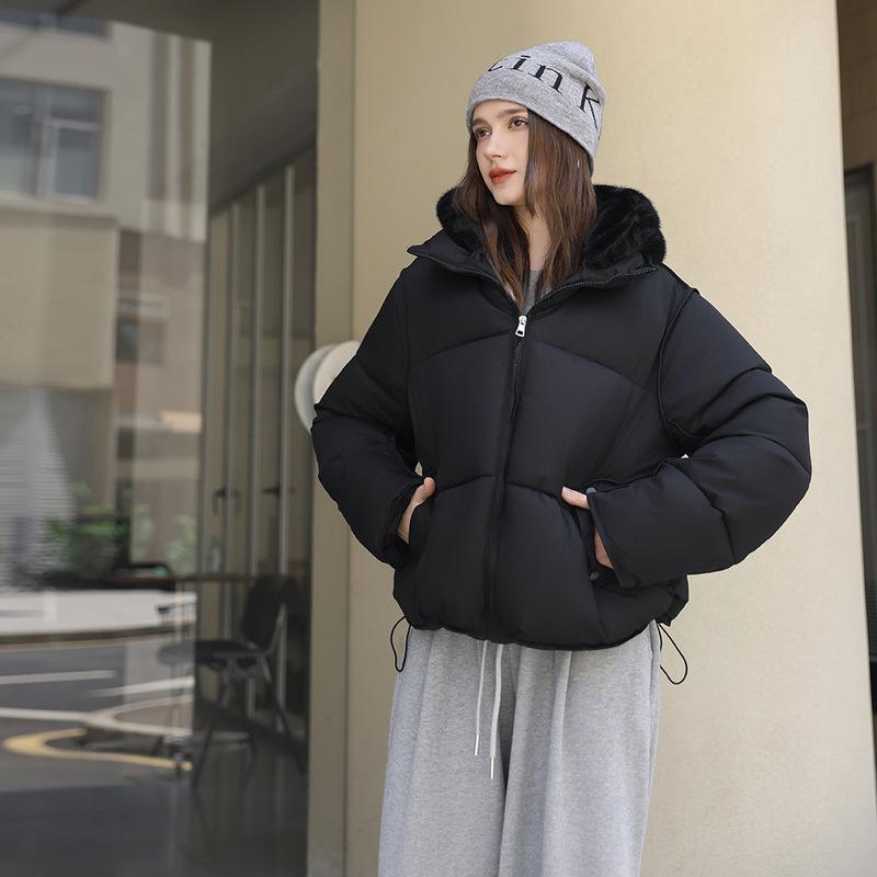 

Short Cotton-padded Jacket With Imitation Mink Fur Hood M чёрный