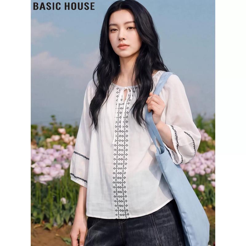 Basic House Women's Ramie 3/4 Sleeve Sun Protection Blouse