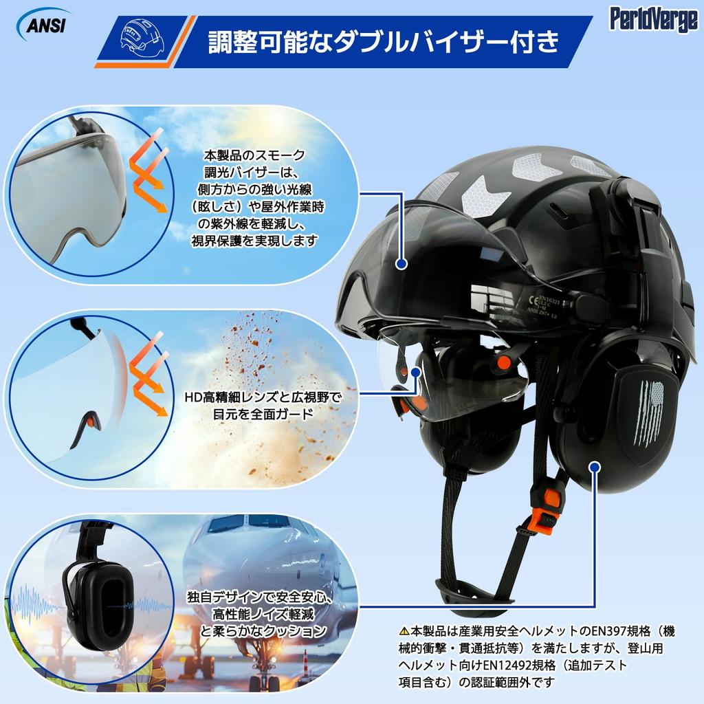 PerldVerge Safety Professional Helmet Set with Double Construction Impact Luminous Adjustable EN397 Compliant Helmet, Black, Goggles, Work,