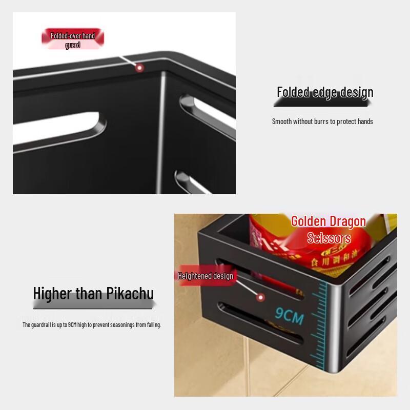 Schwarzes Doppelschicht-Wandregal für Gewürze mit Haken