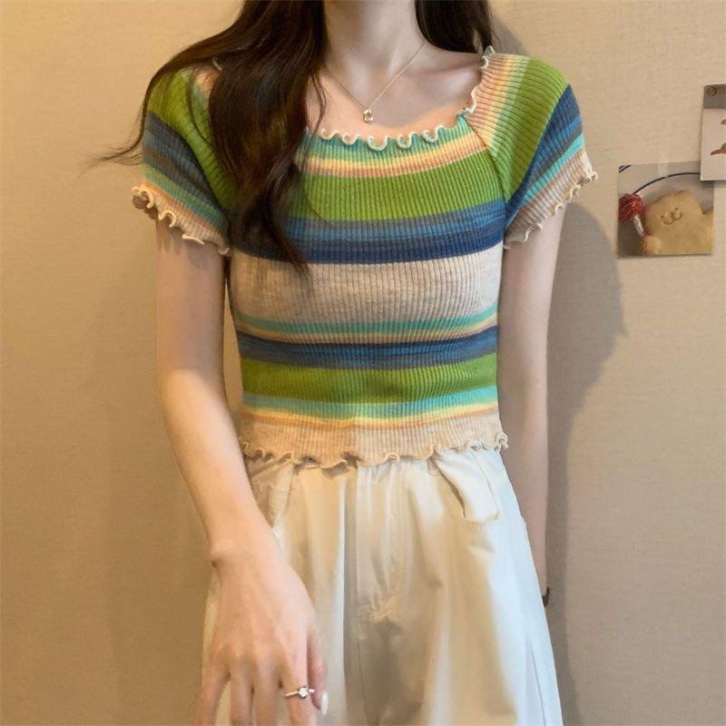 

Футболка с квадратным вырезом спереди и плечами в радужную полоску, трикотажная, с короткими рукавами, летний тонкий крой с поясом, укороченный, шикарный и красивый топ L