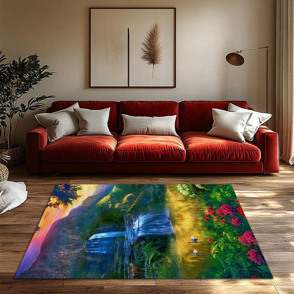 Nature Waterfall Landscape Rug, Bohemian Home Decor Carpet for Living Room, Soft Non-Slip Sofa Mat with Floral Design