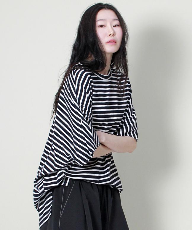 Deumakeu Loose Fit French Half Sleeve Stripe