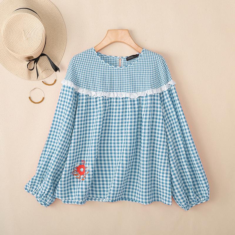 ZANZEA Women Casual Round Neck Long Sleeve Plaid Print Blouse