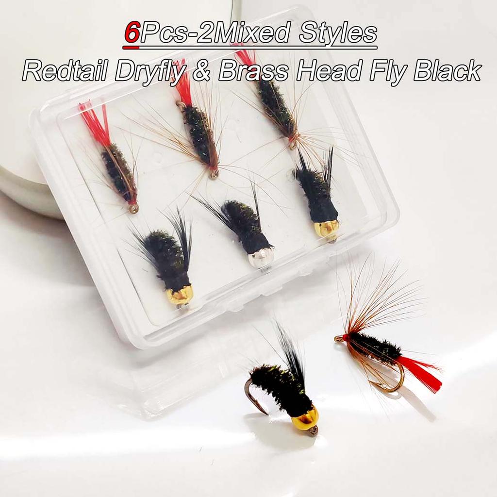 6/10Pcs(Brass Head Black Artificial Tying Fly Fishing Flies Hook & Red tail Dry fly)2Mixed Styles-Trout Dry fly Fishing Perch/Carp Lure Bait
