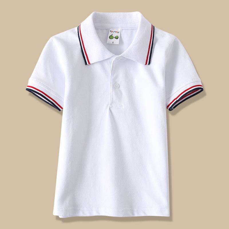 Guttehvit kortermet poloskjorte, grunnskoleuniform, nedbrettskrage, jenters avgangsklasset-skjorte