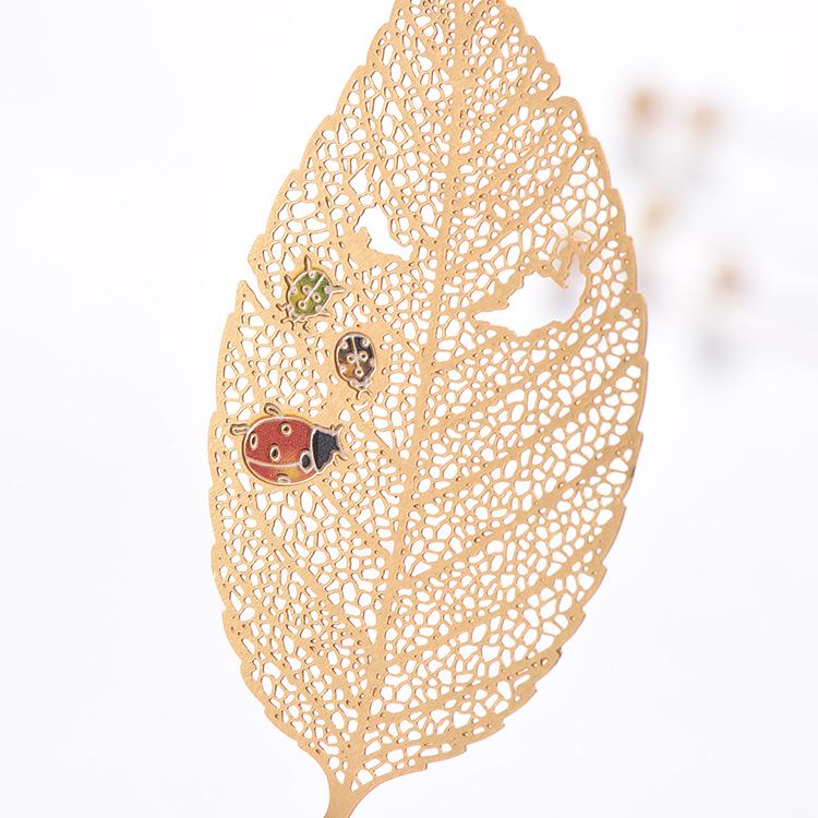 Gold-Plated Copper Leaf Bookmark with Peacock Print