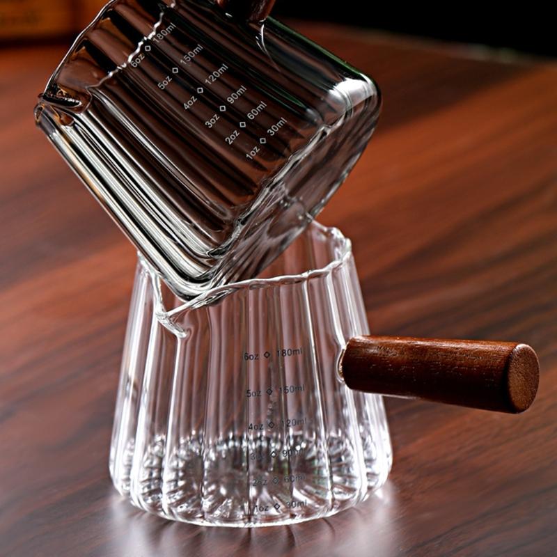 Glass Milk Frothing Cup 180Ml with Wooden Handle Double Measurement Lines and Pour Spout Espresso Shot Glass for Coffee Station Kitchen Tasks