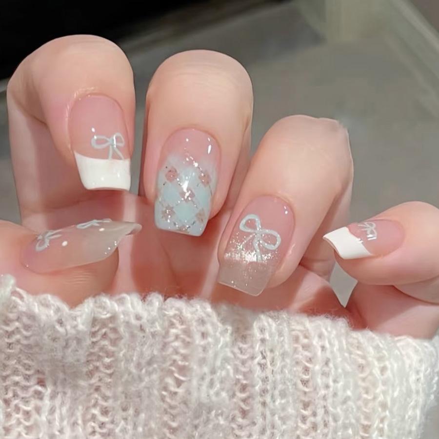 

24PCS Sweet Red 3D Bowknot Polka Dots Short Square False Nails Glitter Cat Eye Cute Simple French Press on Nails Trendy Manicure