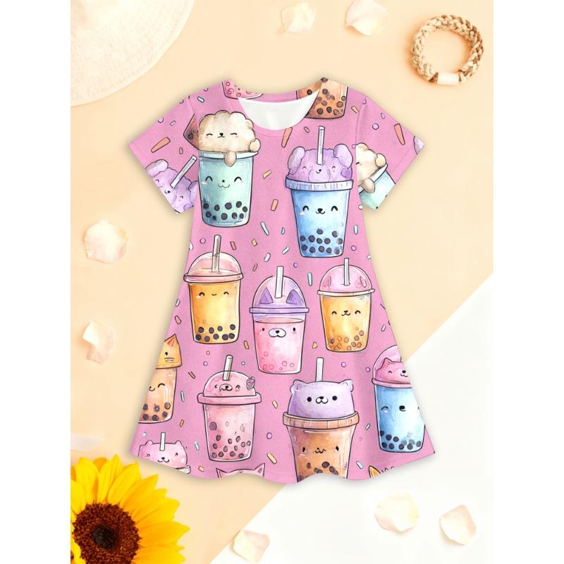 Short-Sleeved Dress for Girls Featuring a 3D Printed Cat Design - a Casual Summer Tutu Dress