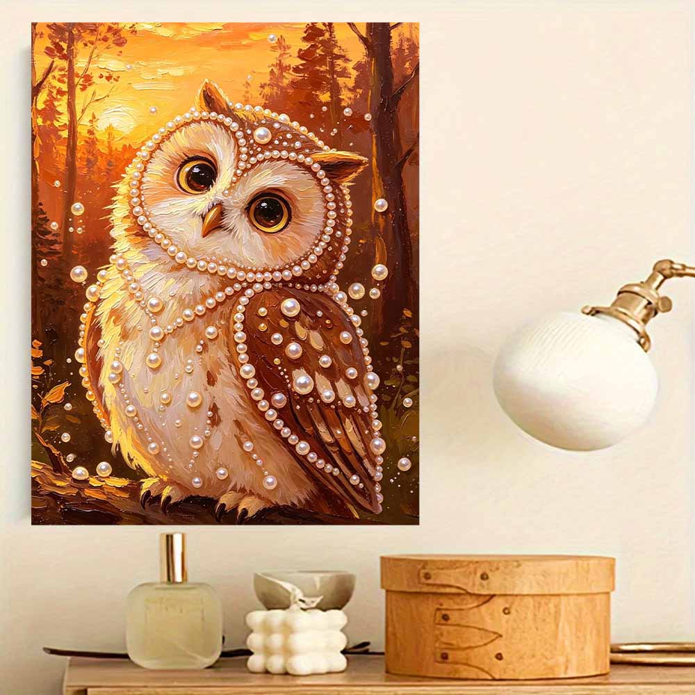 Golden Owl Pattern 5D Pearl Painting Kit with Frame DIY Sparkling Bead Canvas Art Relaxing Craft for Bedroom Decor Wall Art Ornament