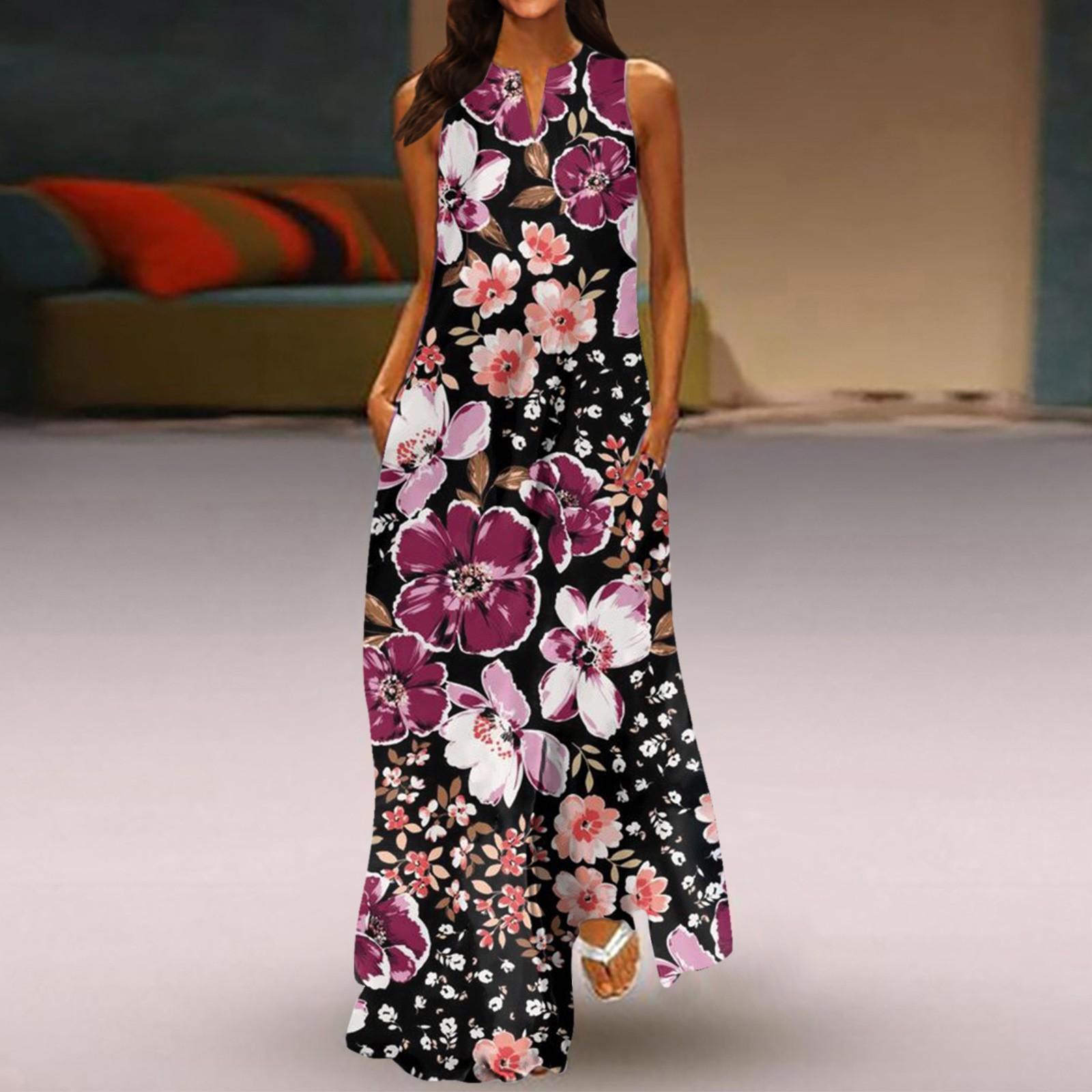 Women s New Spring And Summer Fashion V-neck Color Printing Sleeveless Long Dress M