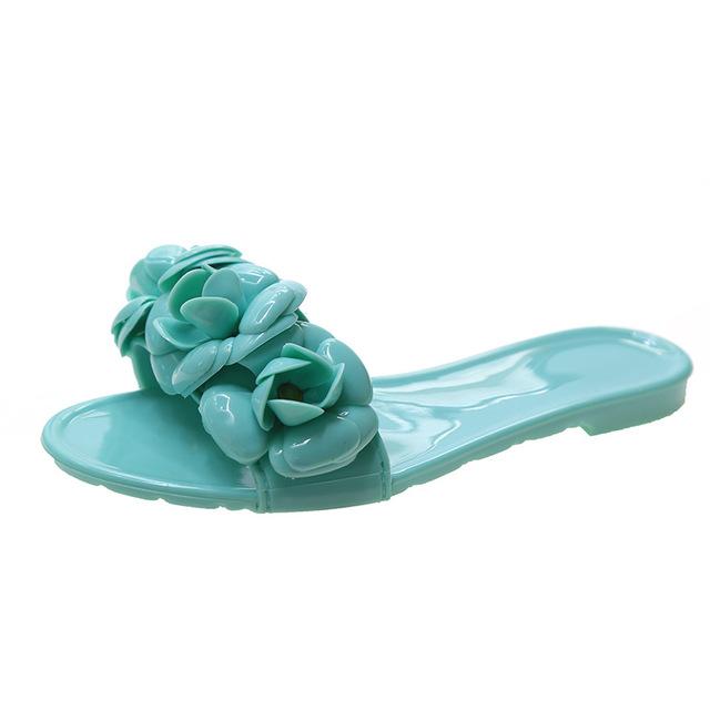Fashion Comemore Sweet Women Flower Appliques Slippers Pvc Jelly Shoes Flat Heel Soft Elegant Leisure Slides Outdoor Beach Chinelos 2025