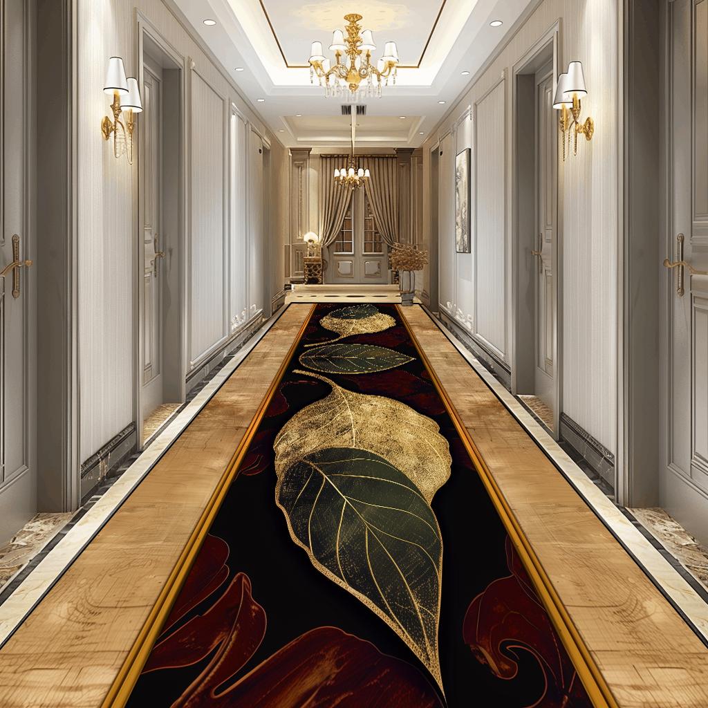 Luxury 3D Golden Leaf Pattern Long Corridor Carpet Room Decoration Hallway Rug Non-slip Hotel Runner Carpets Stairway Floor Mat