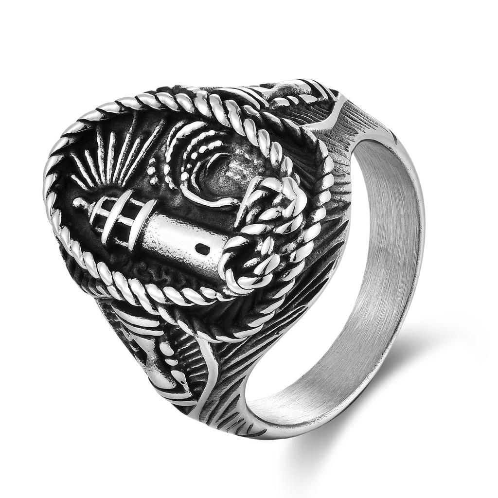 Titanium Steel Men'S Retro Ring, Personalized Versatile Stainless Steel Simple Lighthouse Ring, Collapsed Jewelry