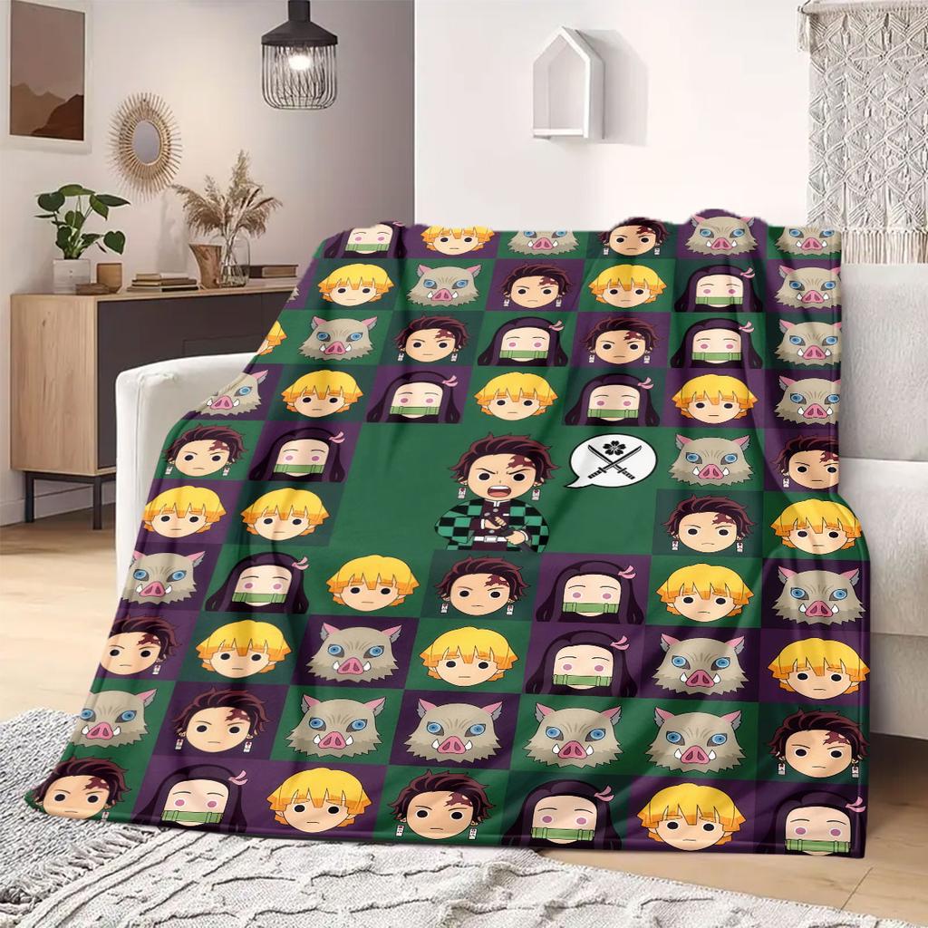 Demon Slayer Iconic Print Flannel Blanket, Anime Cartoon Figures for Bed, Warm Bedroom Decor, Travel Friendly Blanket_LIAN