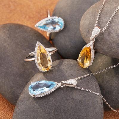 Natural Topaz Citrine Necklace Women'S Set S925 Sterling Silver Colored Jewelry Personalized Water Drop Shape
