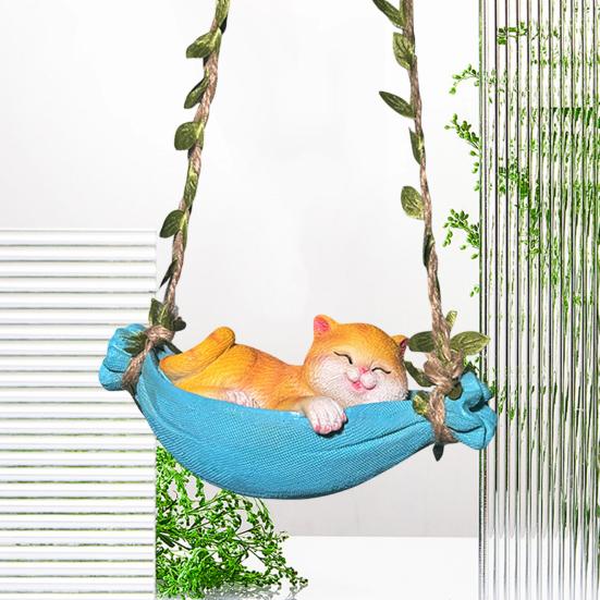 Resin Cute Swing Cat Sculpture Orange Cat On Hammock Hanging Ornament