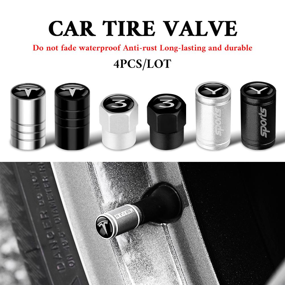 AAAIM1 4Pcs 3D Metal Alloy Car Wheel Tire Valve Stem Caps Cover Waterproof Decoration For Tesla Model 3 X S Y 2017-2023 Car Accessories