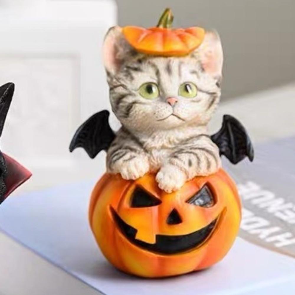 Cute Halloween Cat Pumpkin Statue Handmade Cat Desk Figurine Pumpkin Ornament  Halloween Party