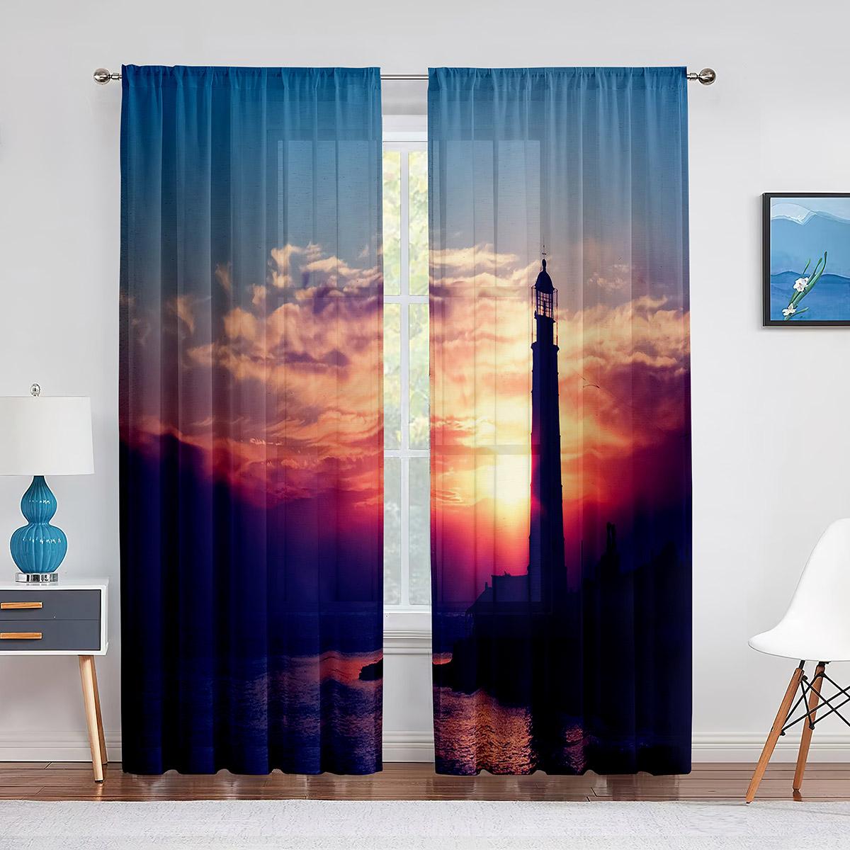 Маяк Восход Морского Побережья Пейзаж Прозрачная Вуаль Шторы для Гостиной Спальня Кухня — фото 12