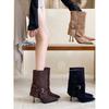 Two Wear 2025 Autumn and Winter Thin Heel High Heel Boots Pants Pants Boots Belt Buckle Suede Pointed Mid Tube Western Short Boots